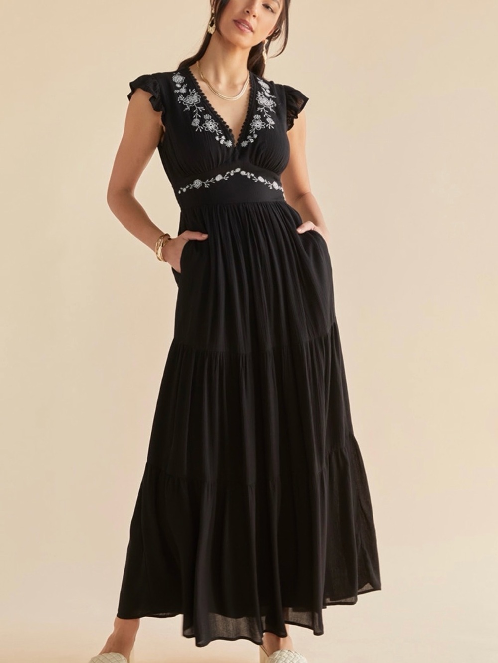 Francesca's Black Dress with White Floral Embroidery